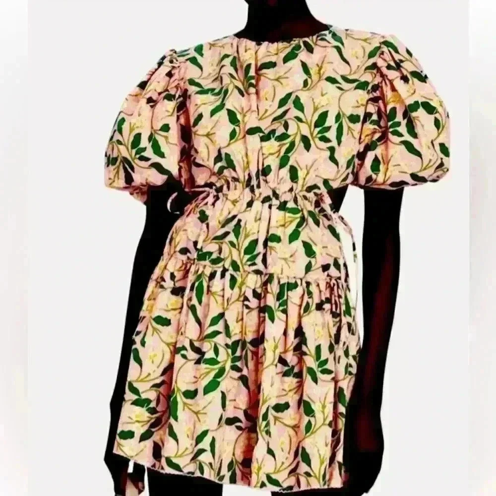 Agua by Agua Bendita Pink Floral Cutout Puff Sleeve Mini Dress Size L